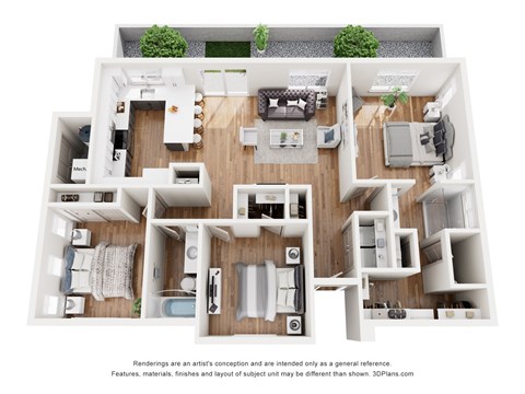 A 3D floor plan of a house with multiple rooms and furniture.